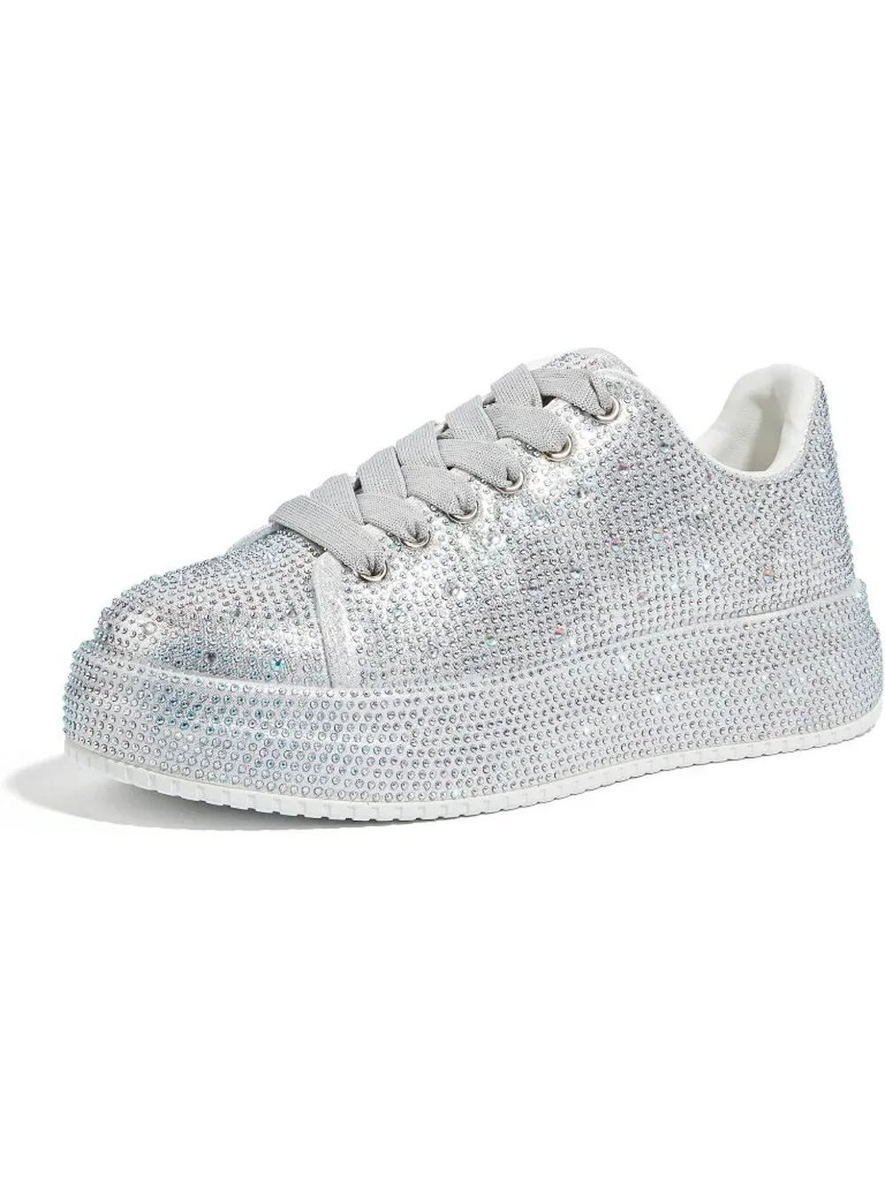 🆕Women's Silver 1 Sparkly Glitter Bling Tennis Rhinestone Platform Sneakers